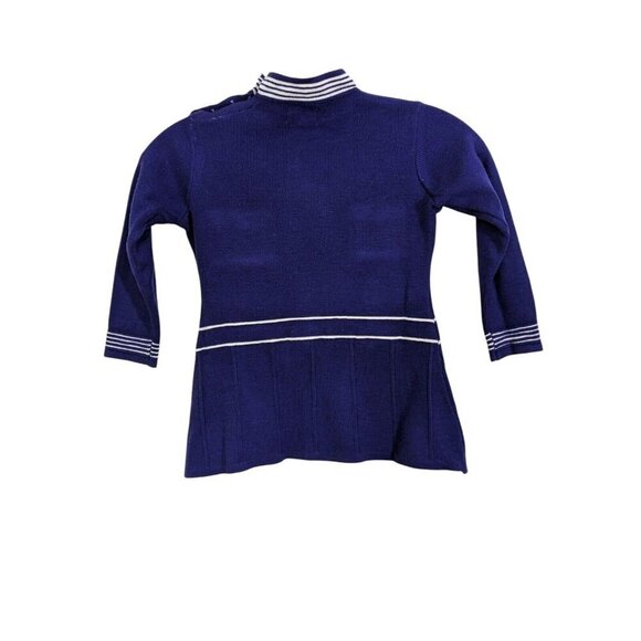 Vintage Knit Sailor Dress Girls Size 5 Navy Blue White Nautical Pocket Mock Neck - Picture 3 of 4